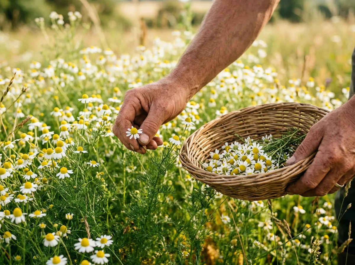 Hands picking small white and yellow chamomile flower heads in a field
